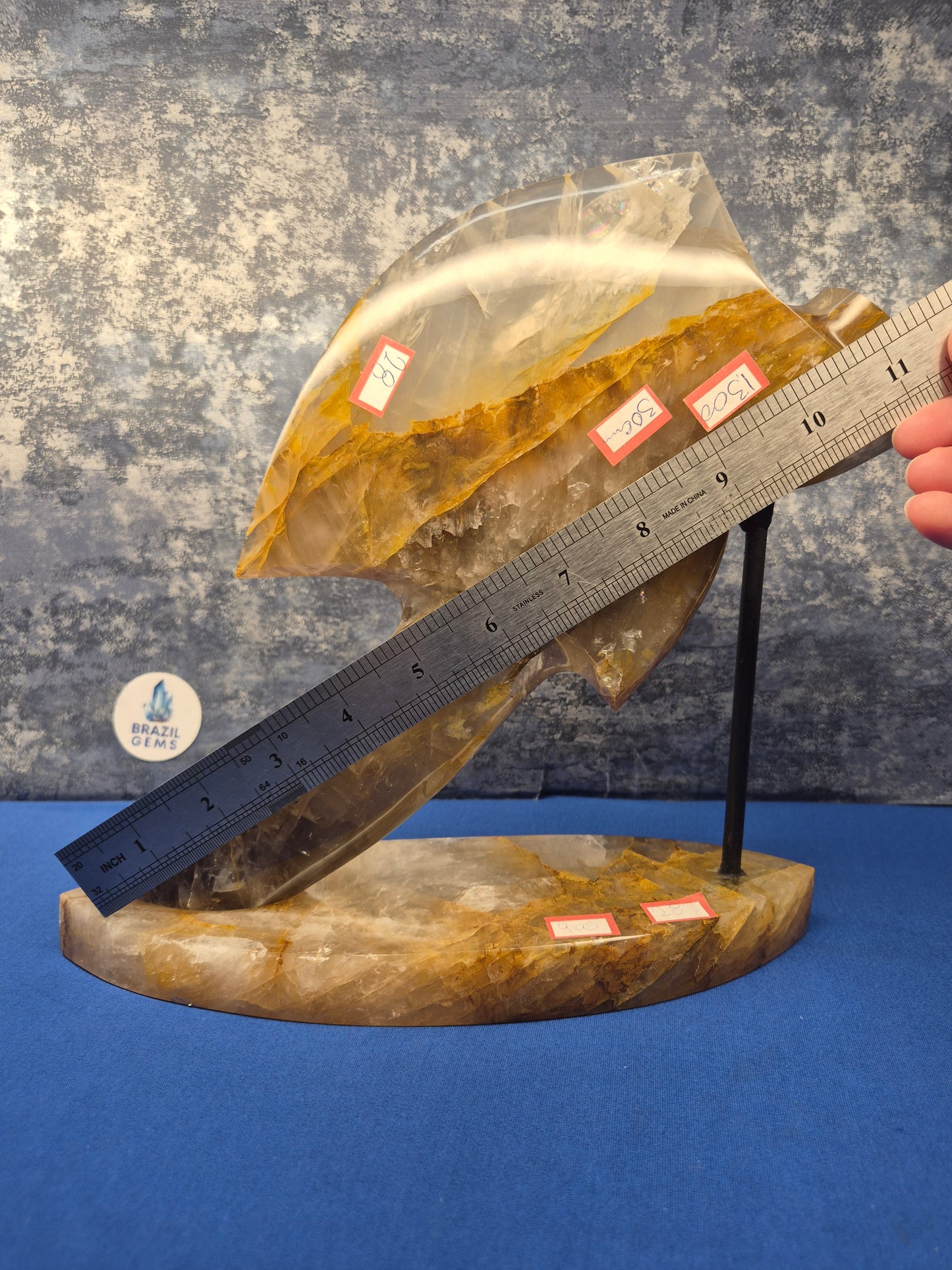Yellow Hematoid and Clear Quartz with Oxidation Axe on stand