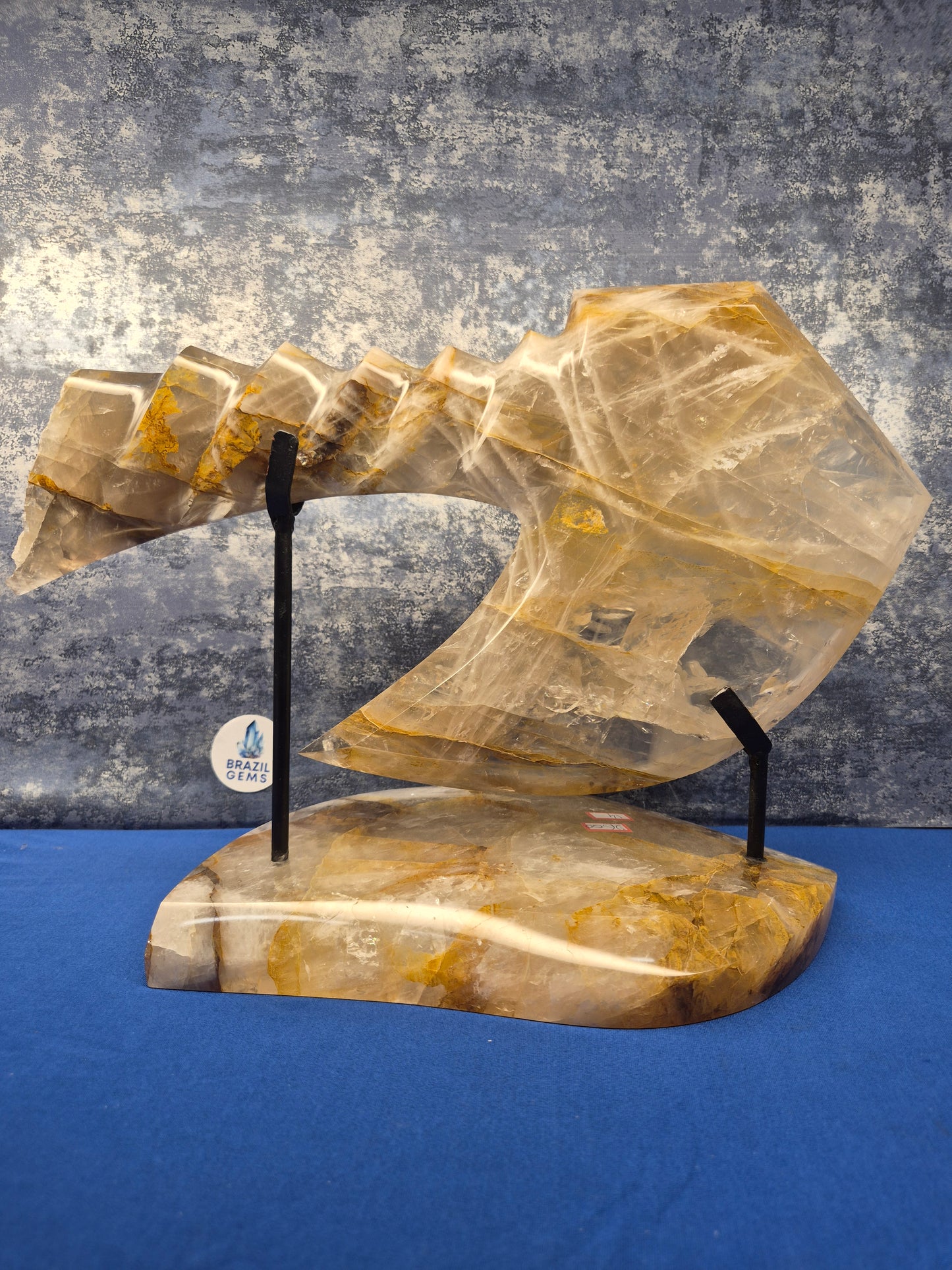 Yellow Hematoid and Clear Quartz with Oxidation Axe on stand