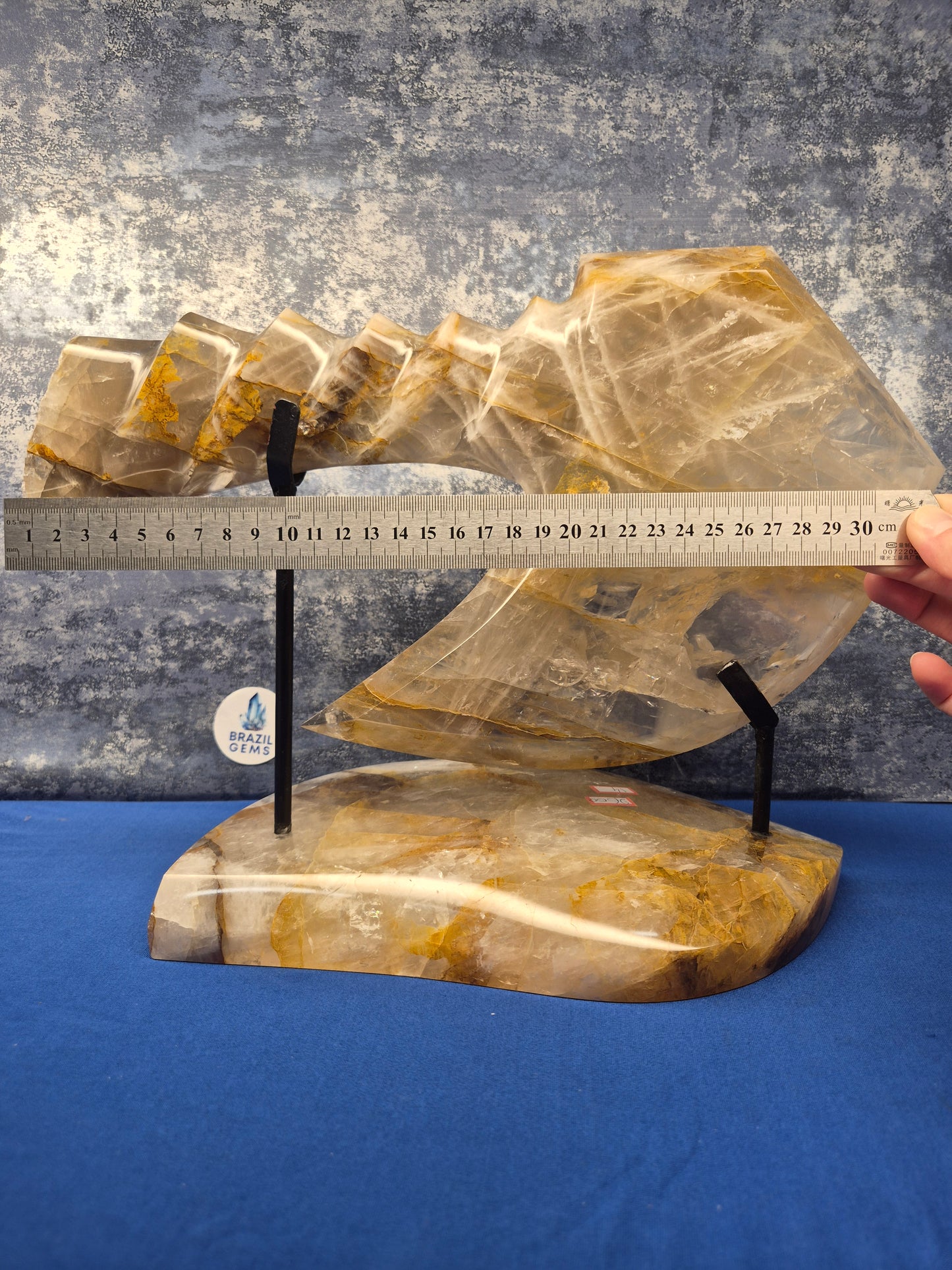 Yellow Hematoid and Clear Quartz with Oxidation Axe on stand