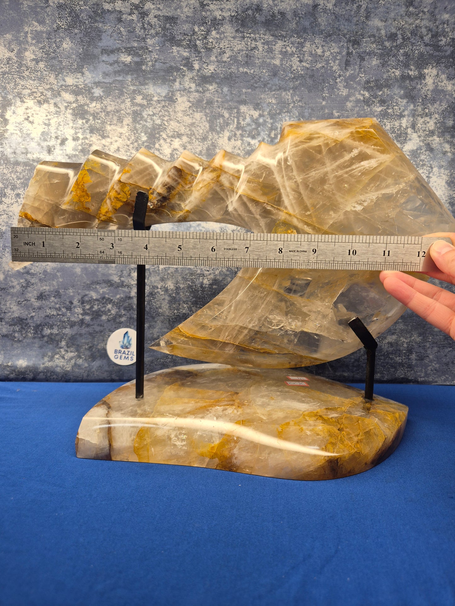 Yellow Hematoid and Clear Quartz with Oxidation Axe on stand