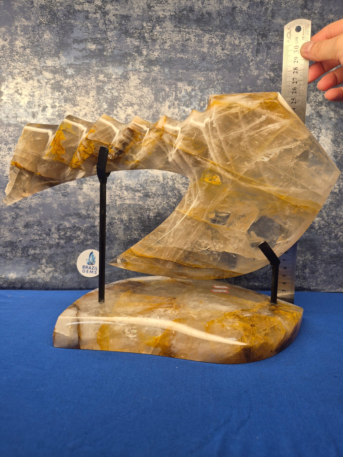 Yellow Hematoid and Clear Quartz with Oxidation Axe on stand