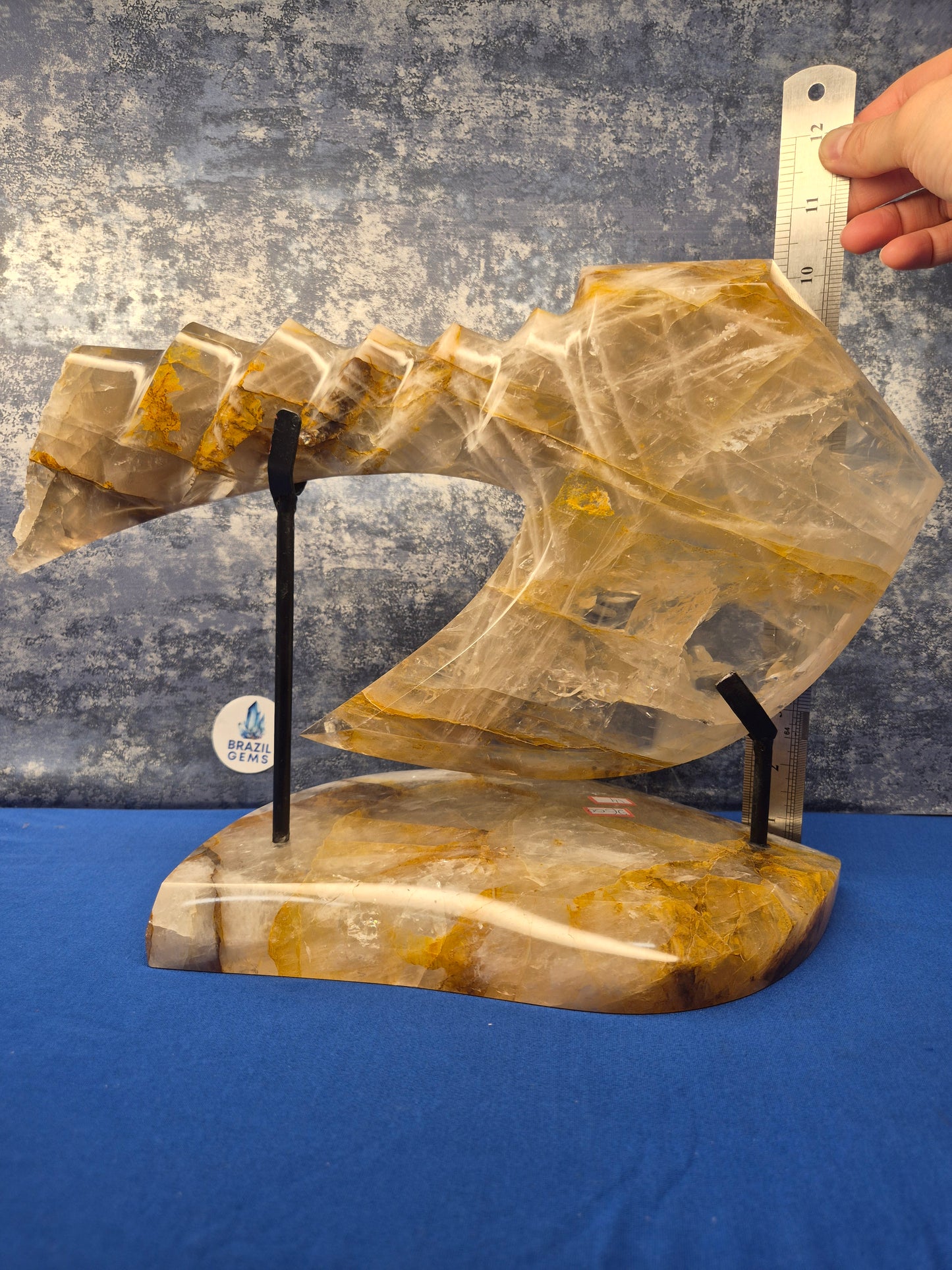 Yellow Hematoid and Clear Quartz with Oxidation Axe on stand
