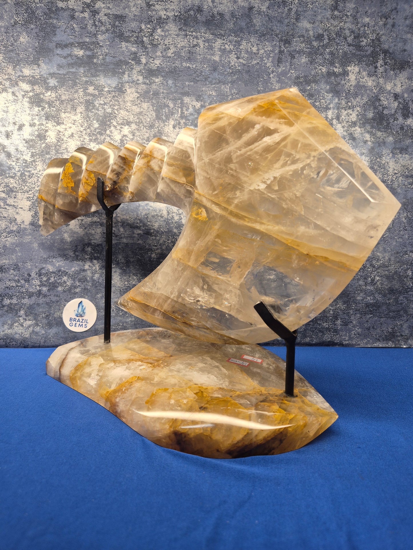 Yellow Hematoid and Clear Quartz with Oxidation Axe on stand