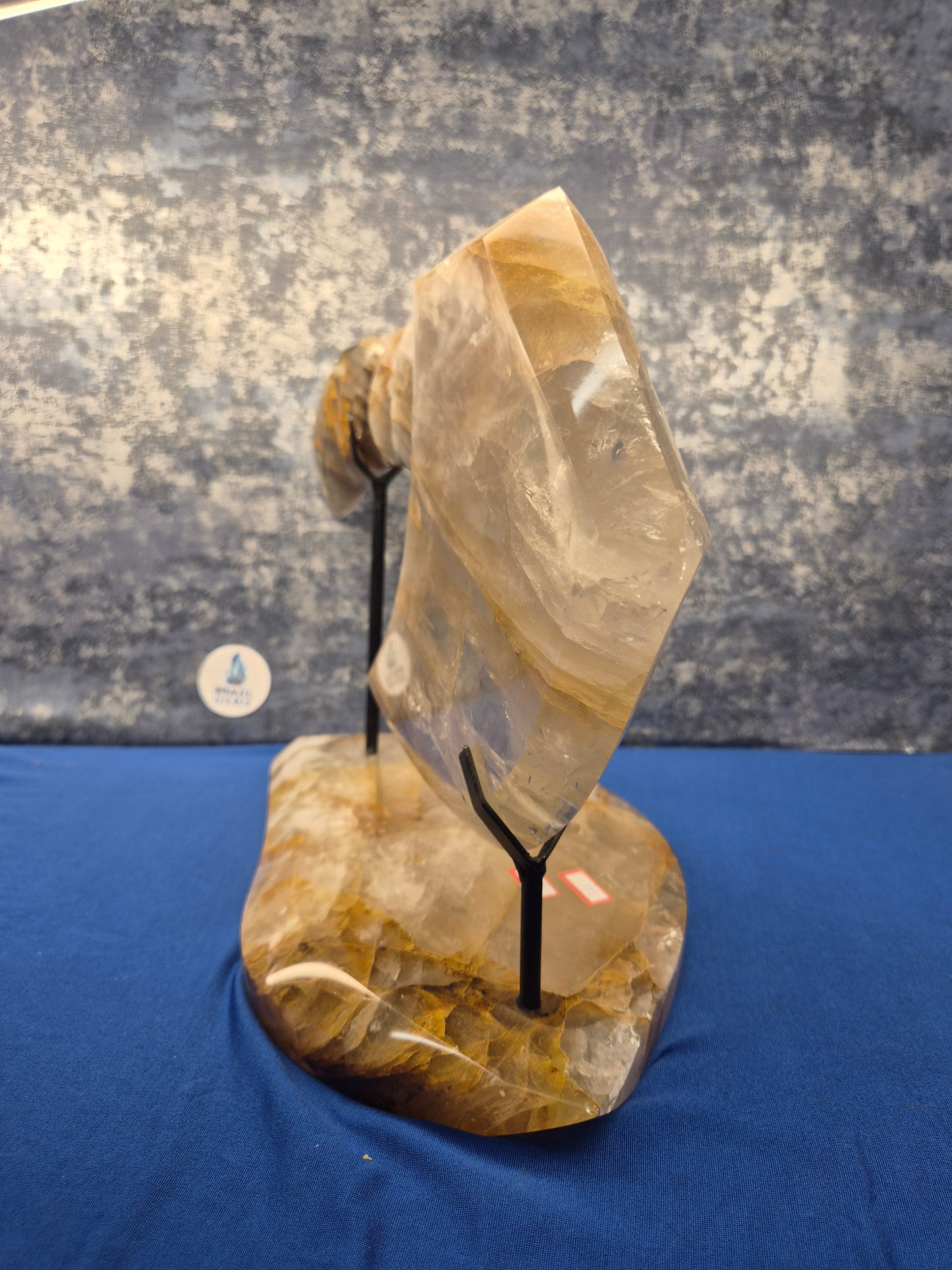 Yellow Hematoid and Clear Quartz with Oxidation Axe on stand