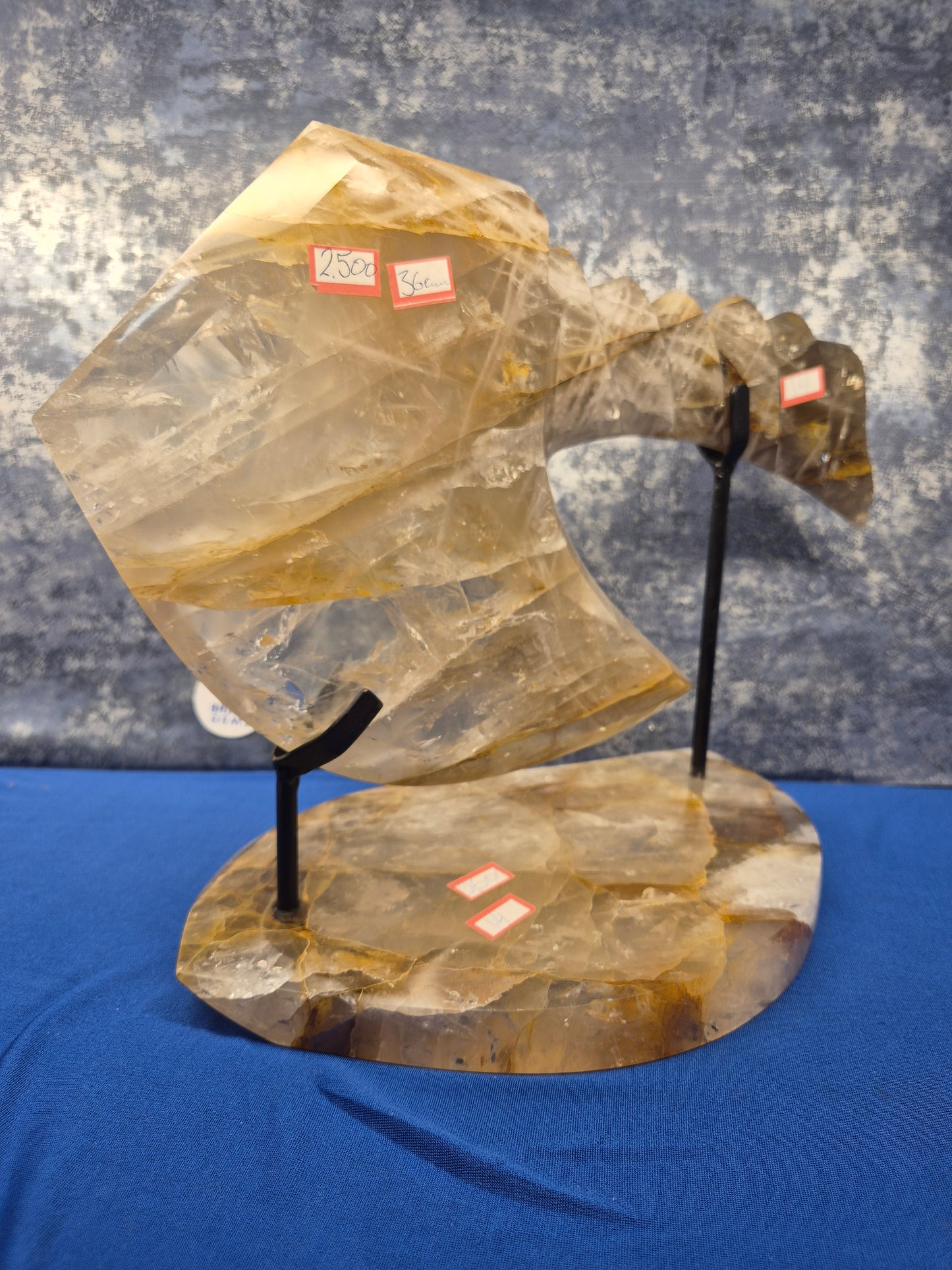 Yellow Hematoid and Clear Quartz with Oxidation Axe on stand