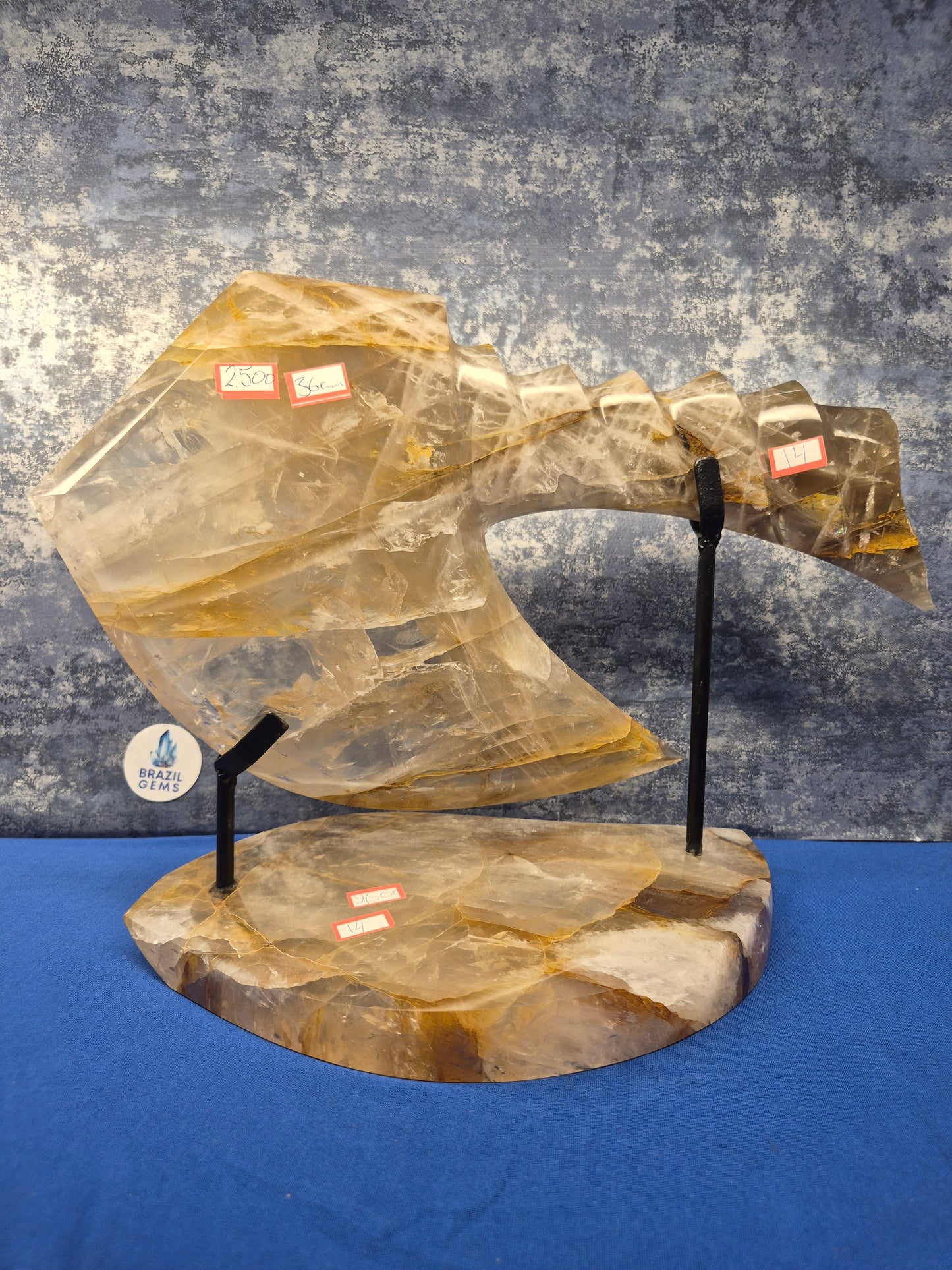 Yellow Hematoid and Clear Quartz with Oxidation Axe on stand