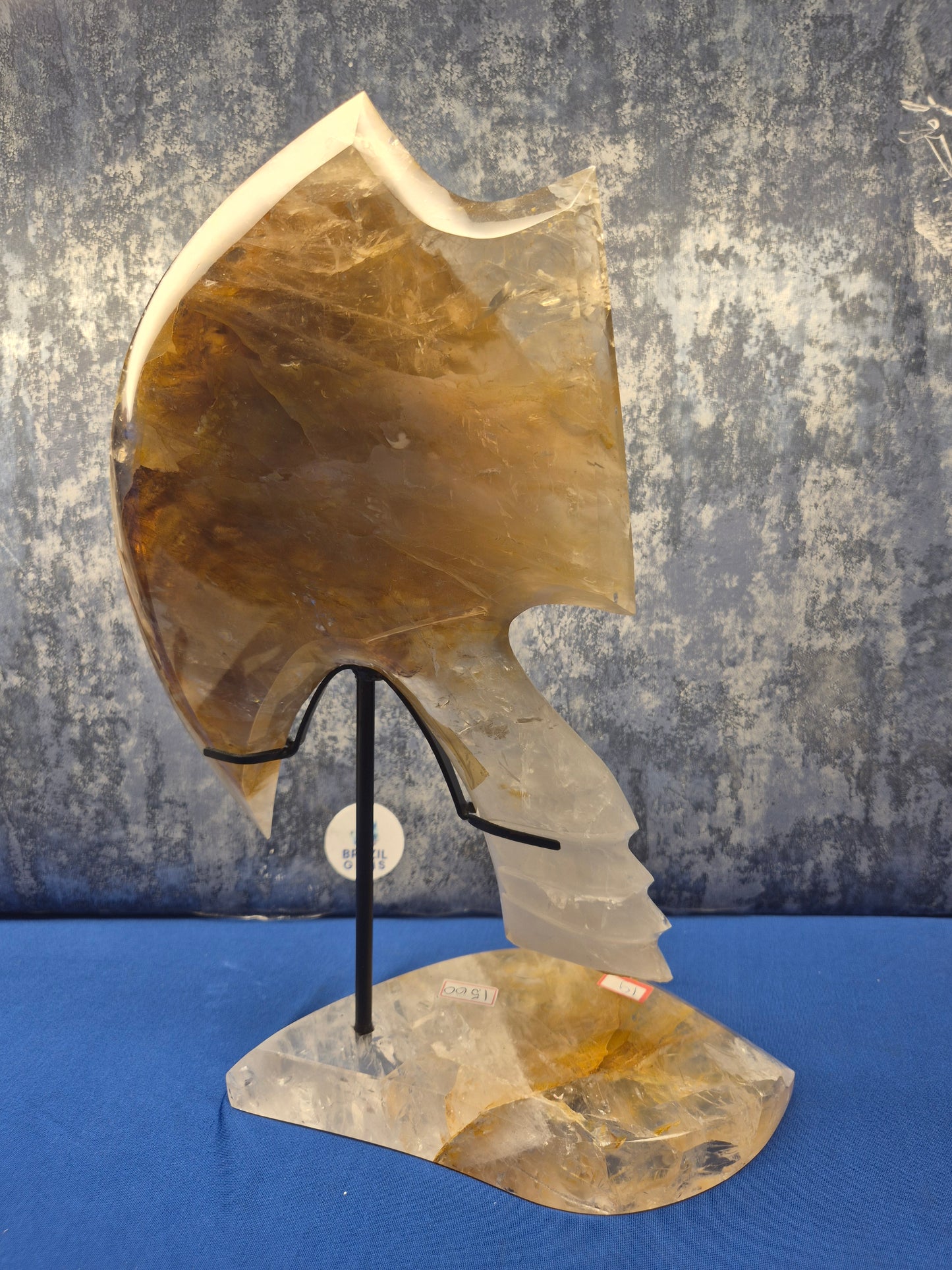 Yellow Hematoid and Clear Quartz with Oxidation Axe on stand