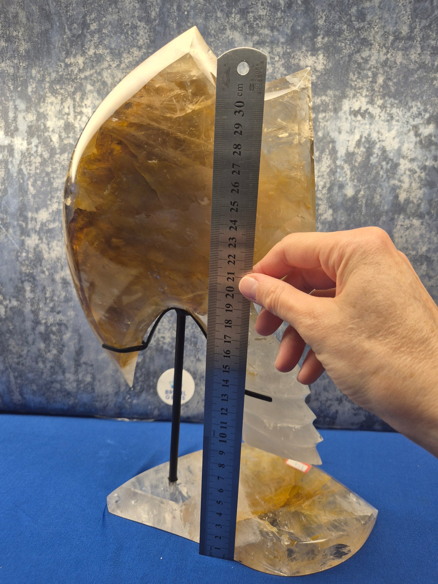 Yellow Hematoid and Clear Quartz with Oxidation Axe on stand