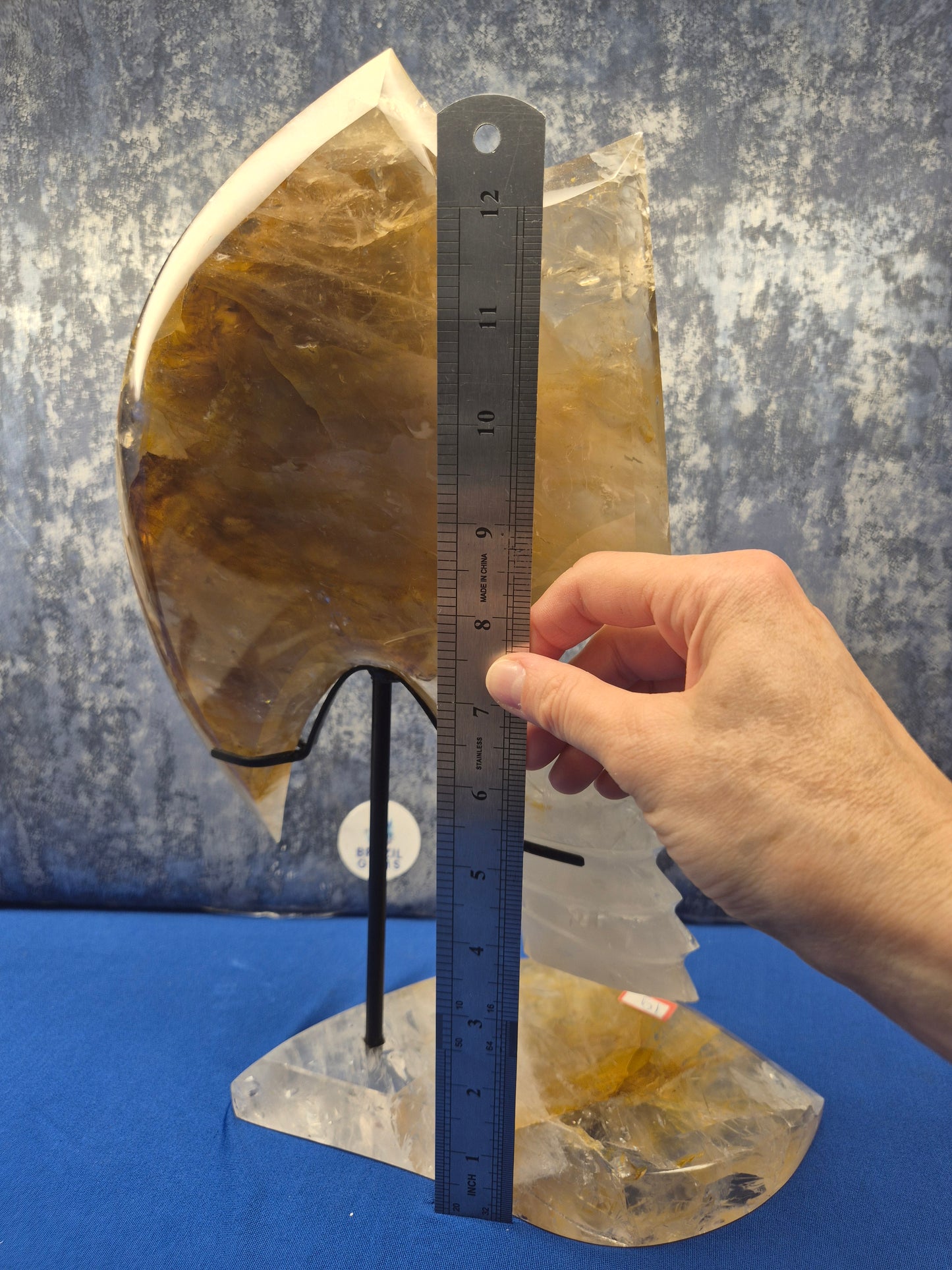 Yellow Hematoid and Clear Quartz with Oxidation Axe on stand