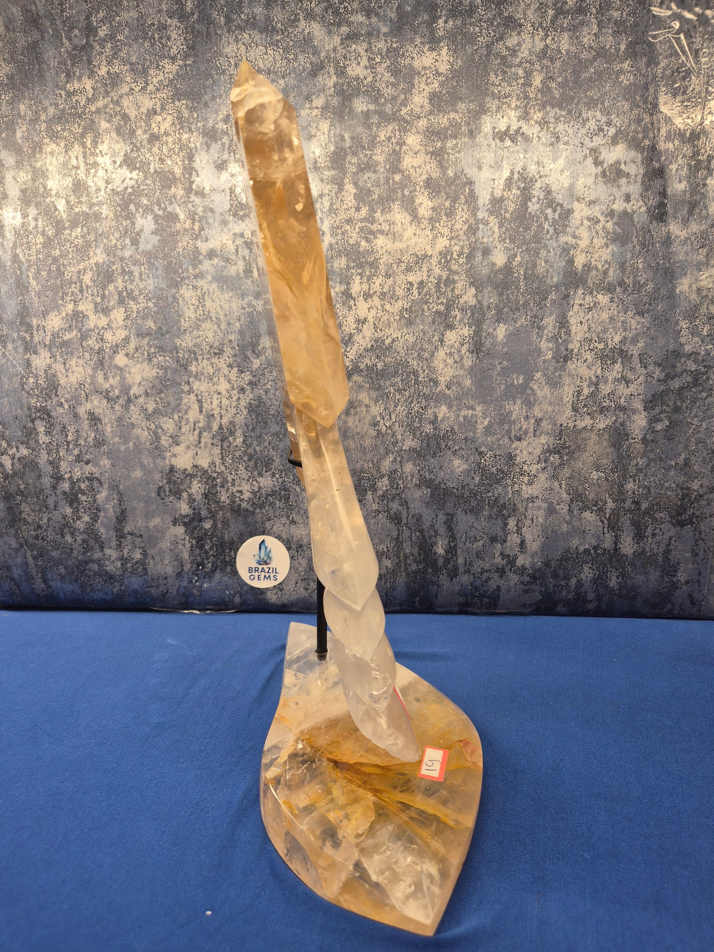 Yellow Hematoid and Clear Quartz with Oxidation Axe on stand