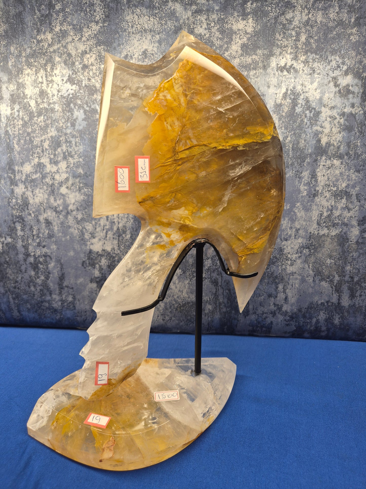Yellow Hematoid and Clear Quartz with Oxidation Axe on stand