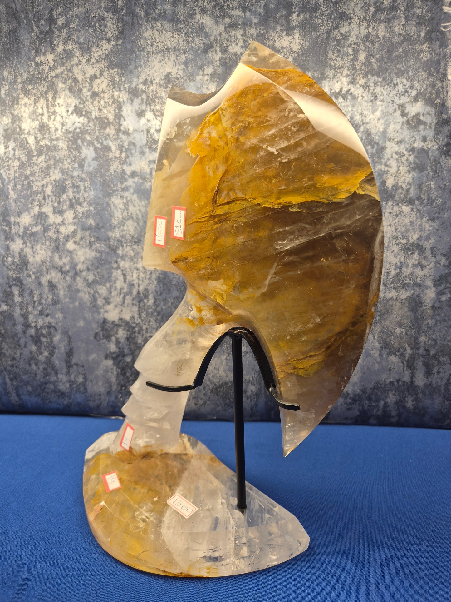 Yellow Hematoid and Clear Quartz with Oxidation Axe on stand