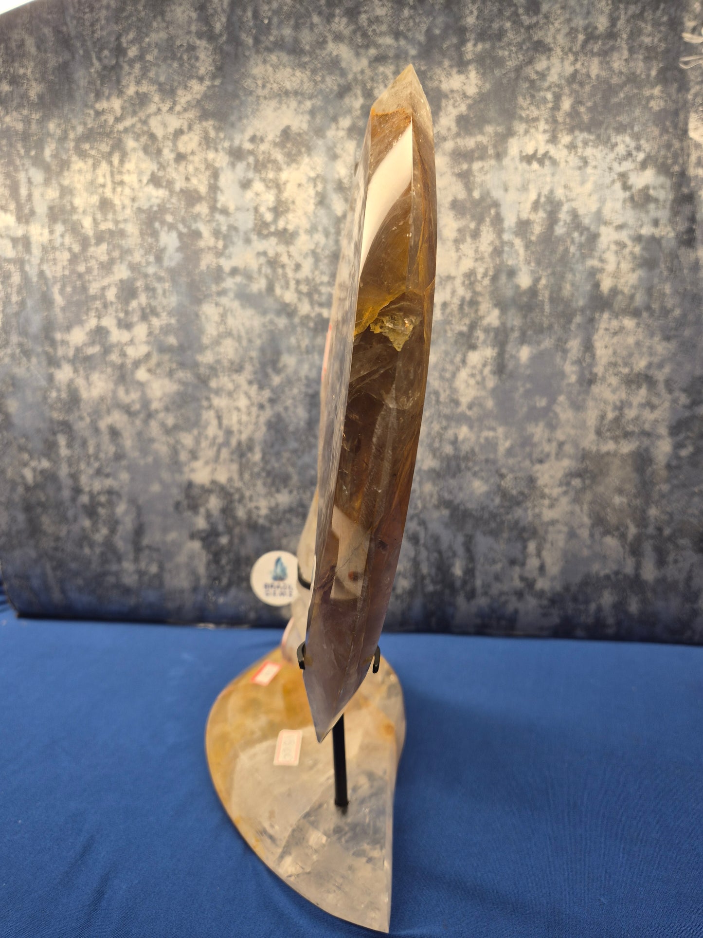 Yellow Hematoid and Clear Quartz with Oxidation Axe on stand