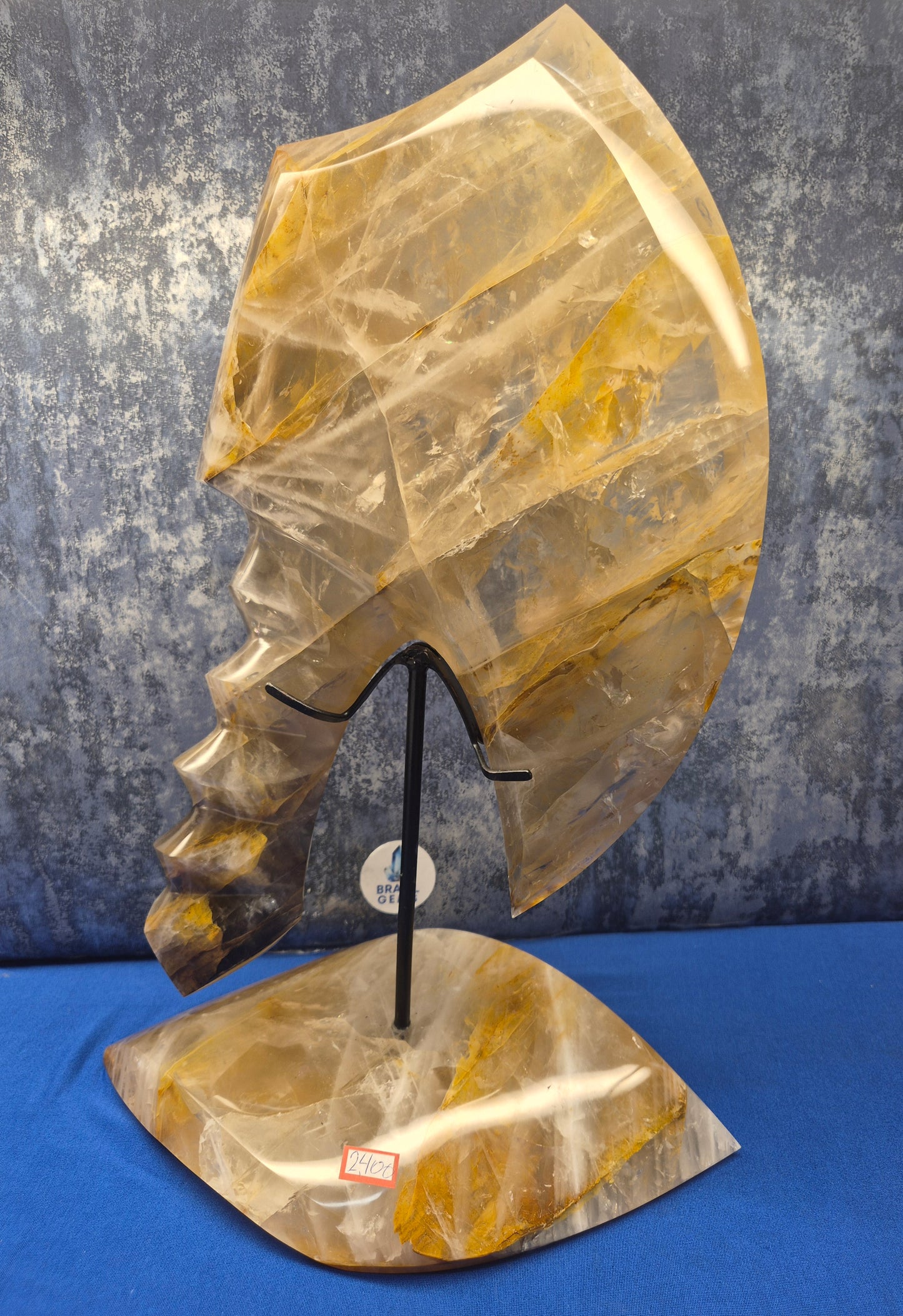 Yellow Hematoid and Clear Quartz with Oxidation Axe on stand