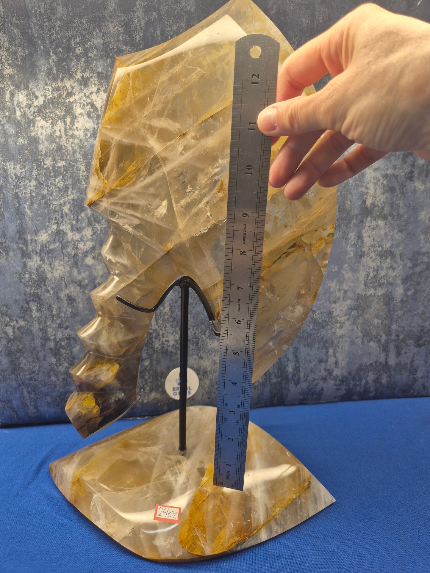 Yellow Hematoid and Clear Quartz with Oxidation Axe on stand