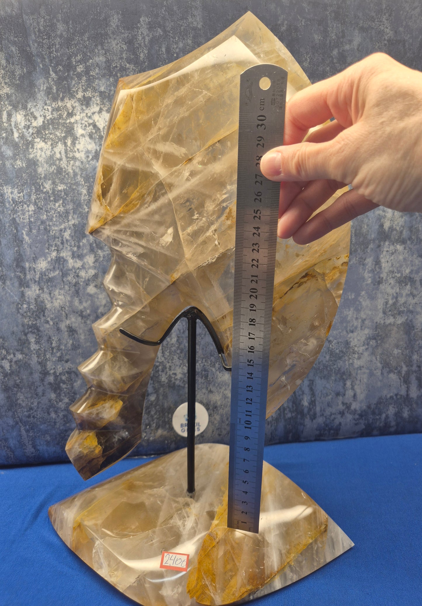 Yellow Hematoid and Clear Quartz with Oxidation Axe on stand