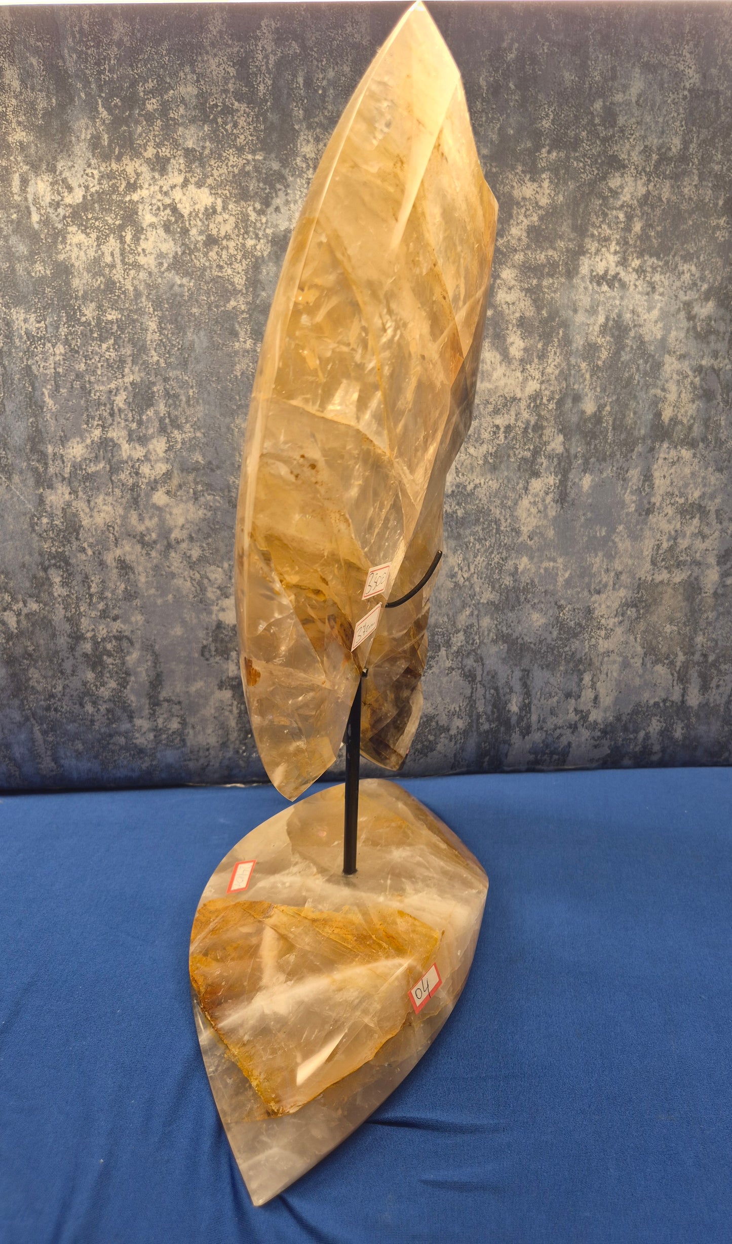 Yellow Hematoid and Clear Quartz with Oxidation Axe on stand