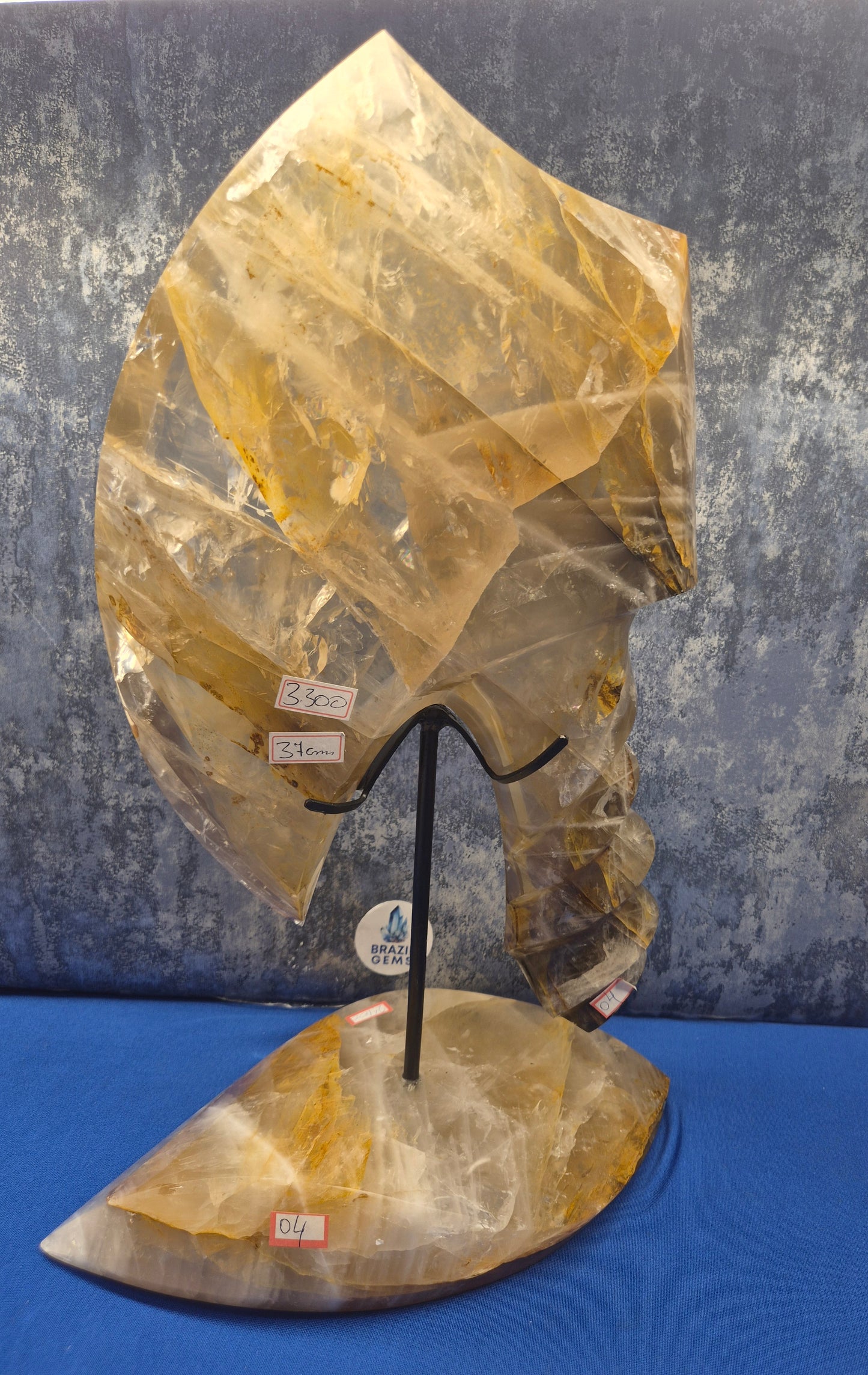 Yellow Hematoid and Clear Quartz with Oxidation Axe on stand