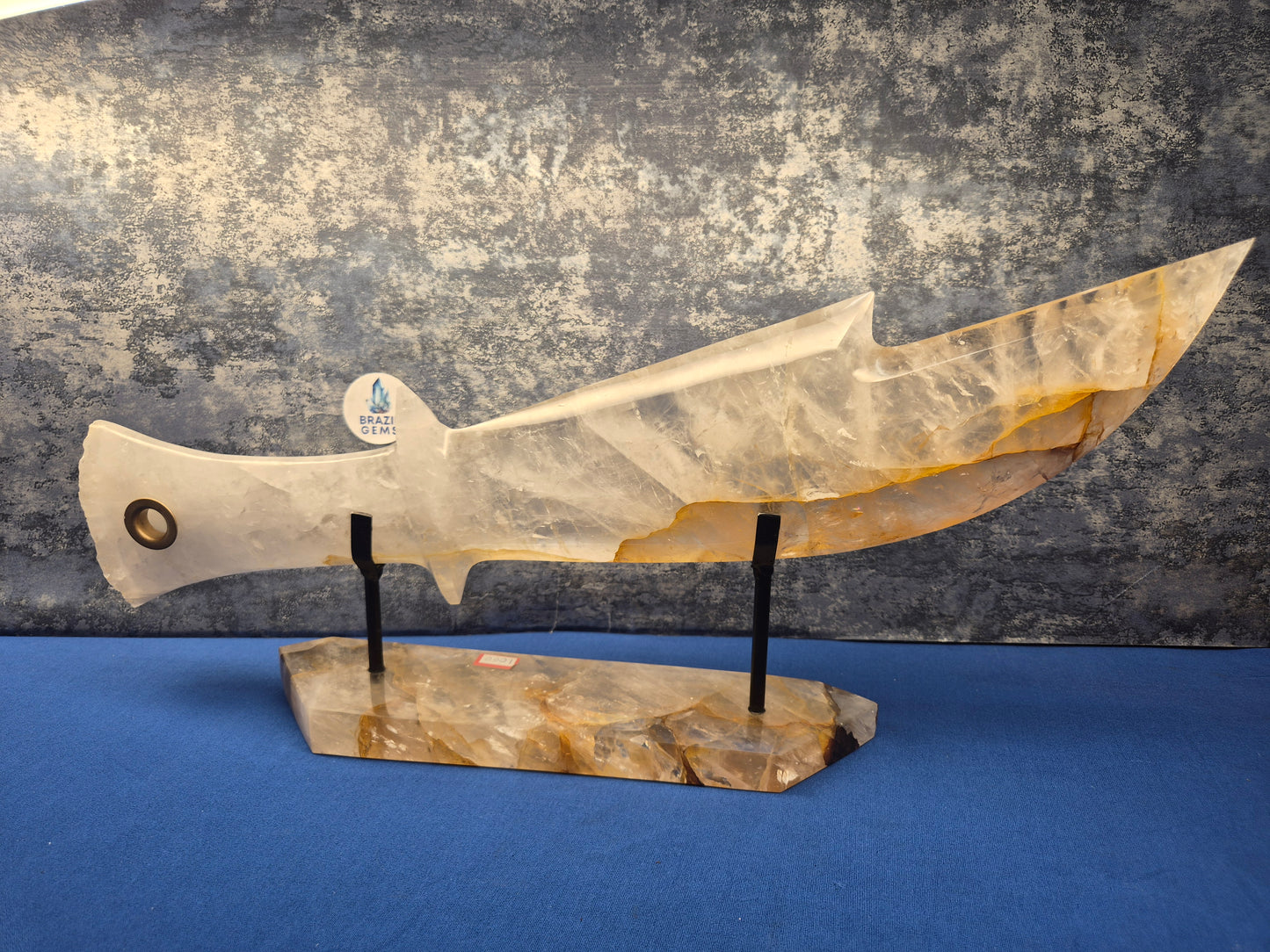 Yellow Hematoid and Clear Quartz with Oxidation Sword on stand