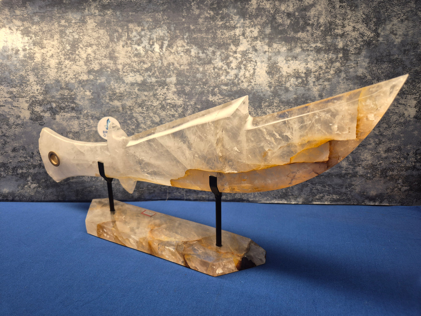 Yellow Hematoid and Clear Quartz with Oxidation Sword on stand