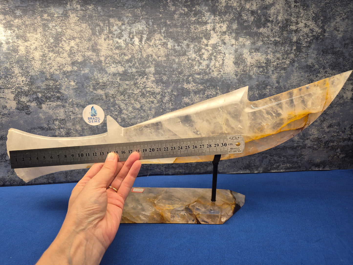Yellow Hematoid and Clear Quartz with Oxidation Sword on stand
