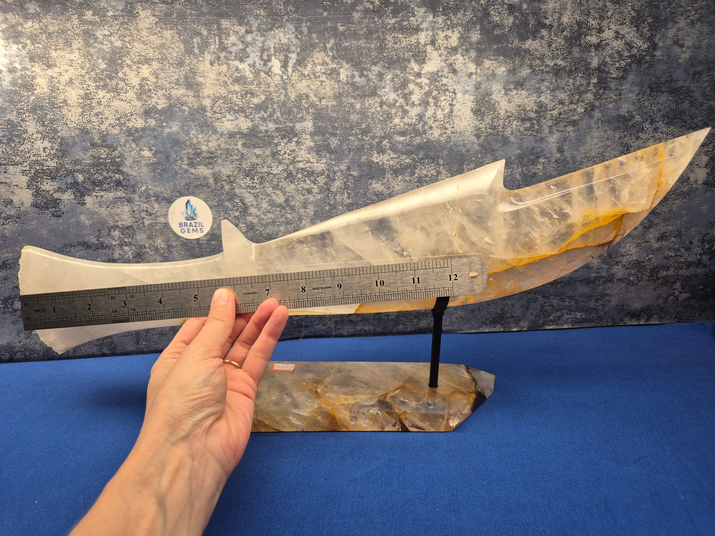 Yellow Hematoid and Clear Quartz with Oxidation Sword on stand