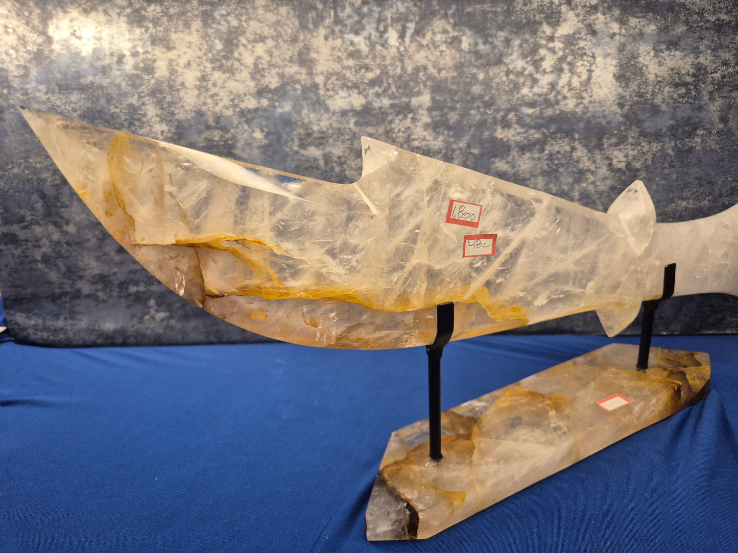 Yellow Hematoid and Clear Quartz with Oxidation Sword on stand