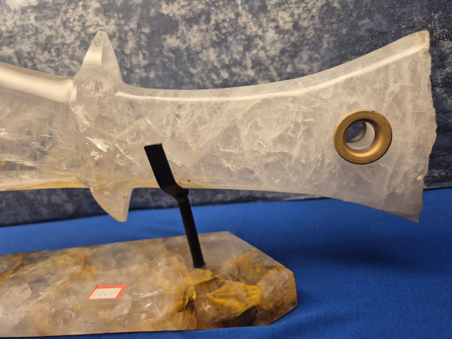 Yellow Hematoid and Clear Quartz with Oxidation Sword on stand