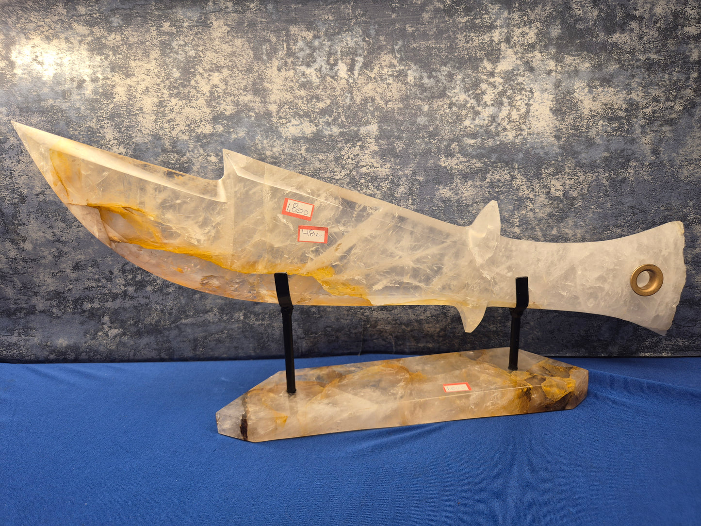 Yellow Hematoid and Clear Quartz with Oxidation Sword on stand
