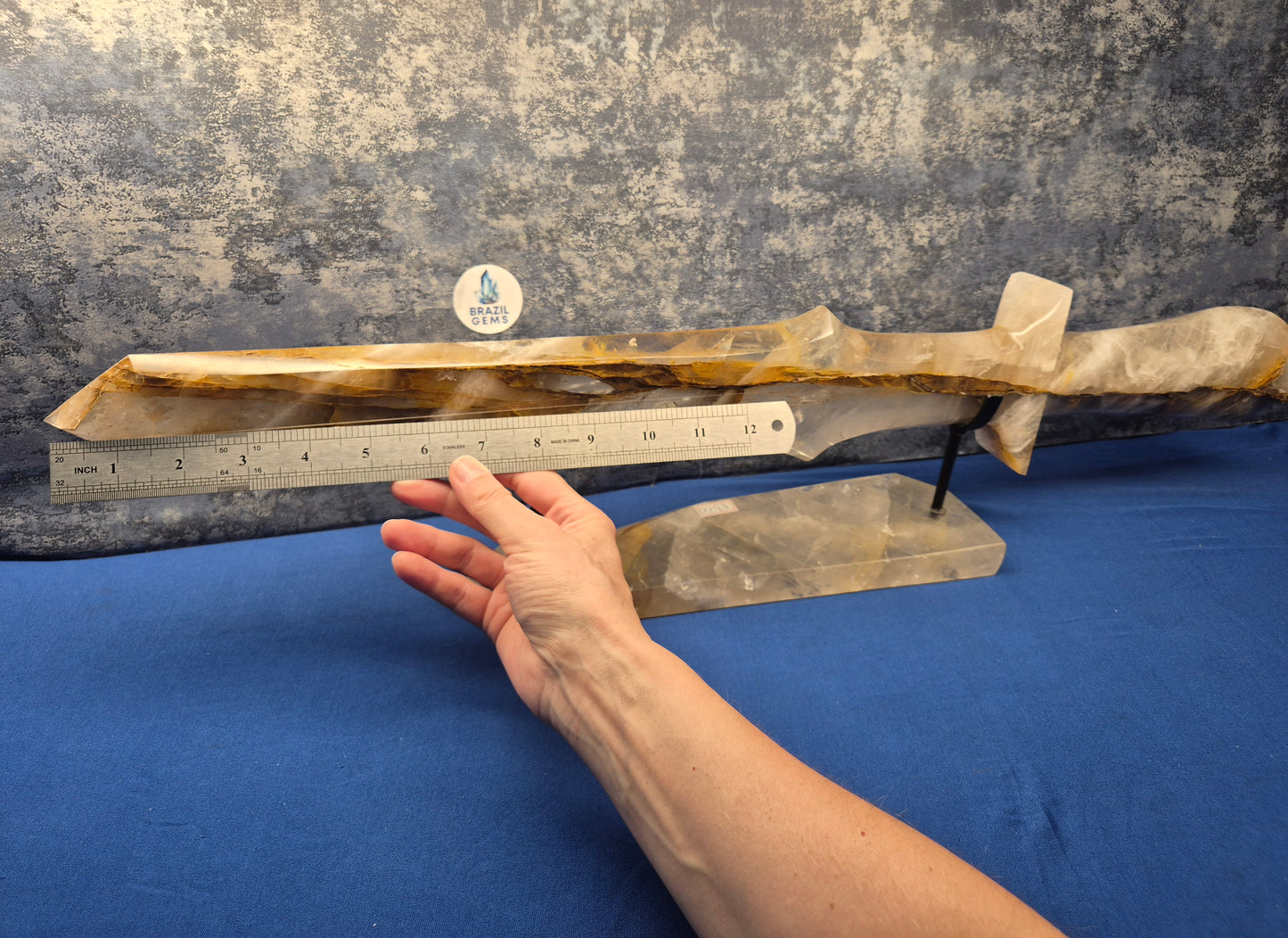 Yellow Hematoid and Clear Quartz with Oxidation Sword on stand