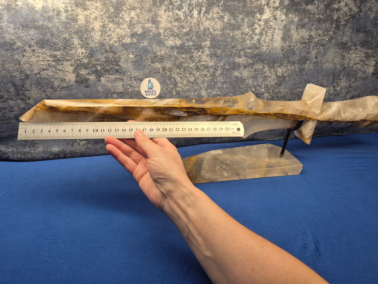 Yellow Hematoid and Clear Quartz with Oxidation Sword on stand