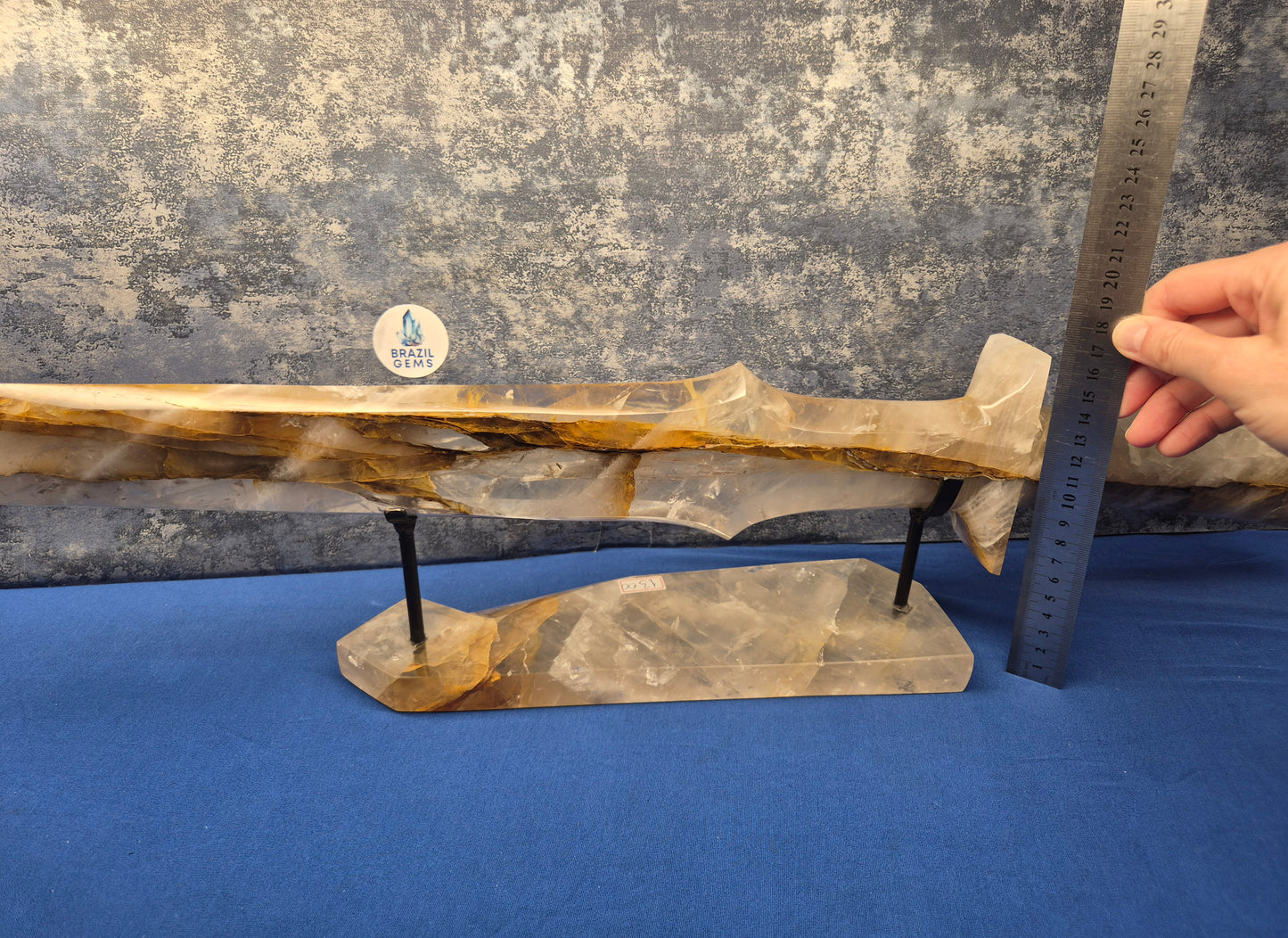 Yellow Hematoid and Clear Quartz with Oxidation Sword on stand