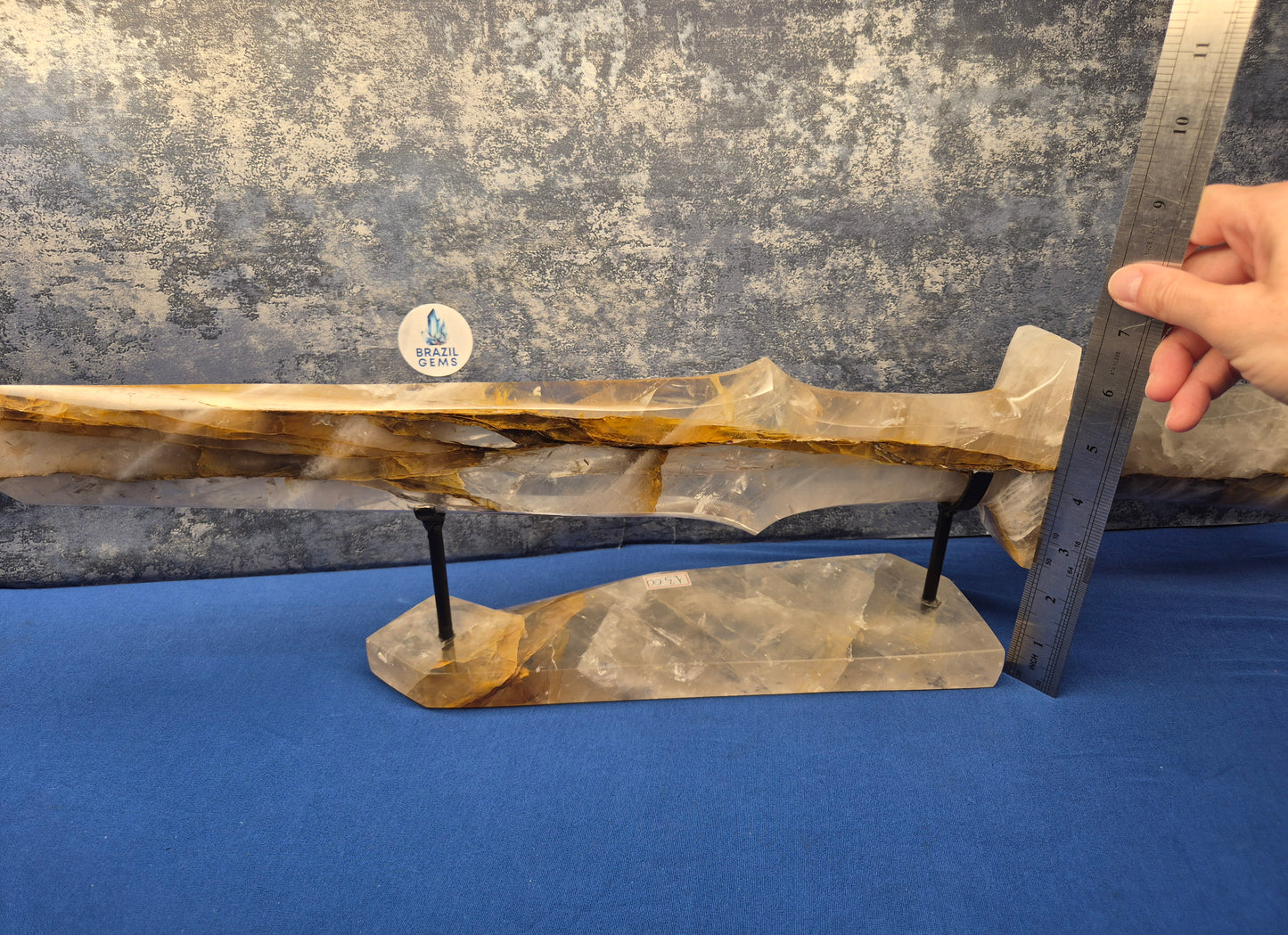 Yellow Hematoid and Clear Quartz with Oxidation Sword on stand