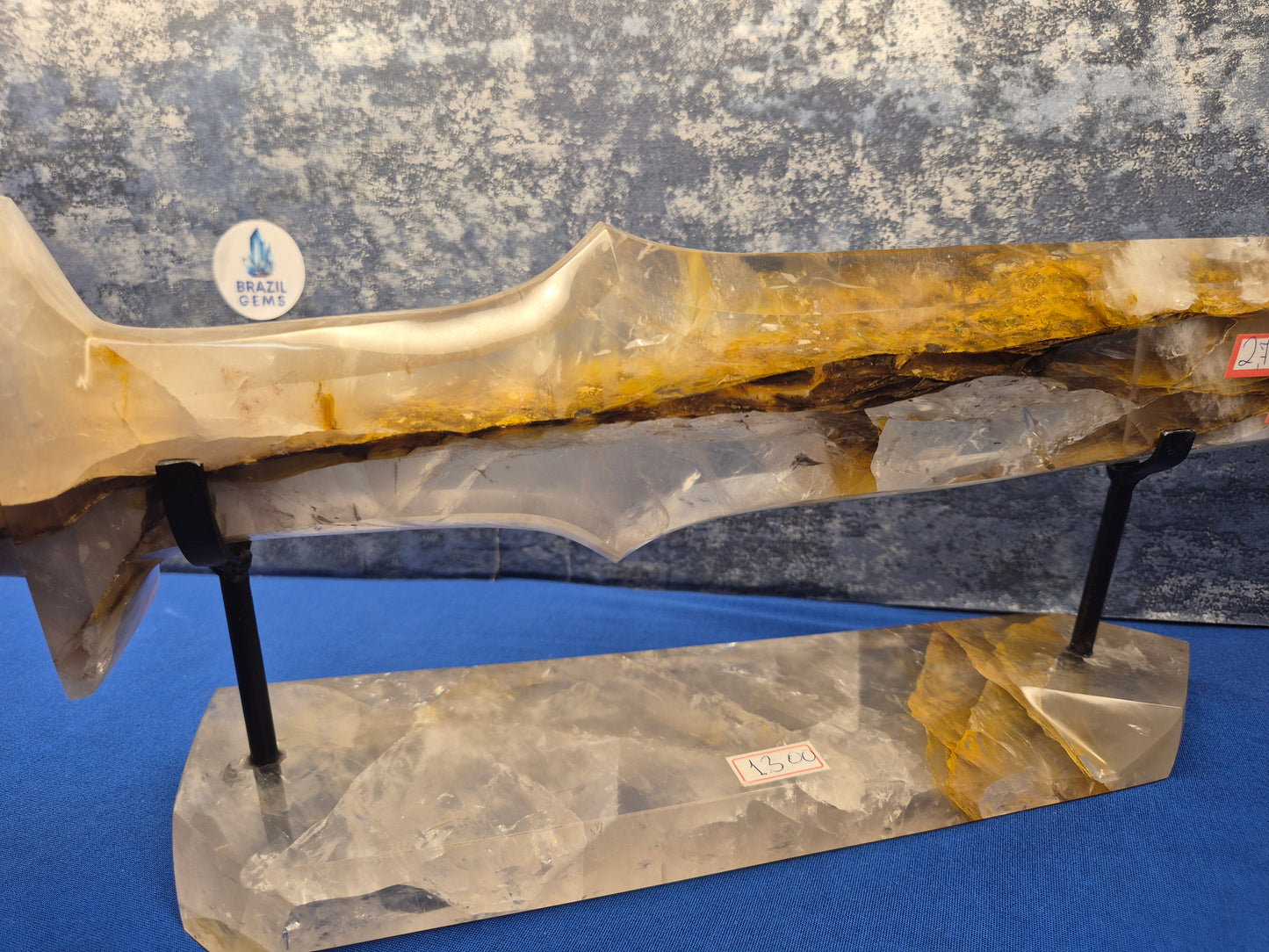 Yellow Hematoid and Clear Quartz with Oxidation Sword on stand