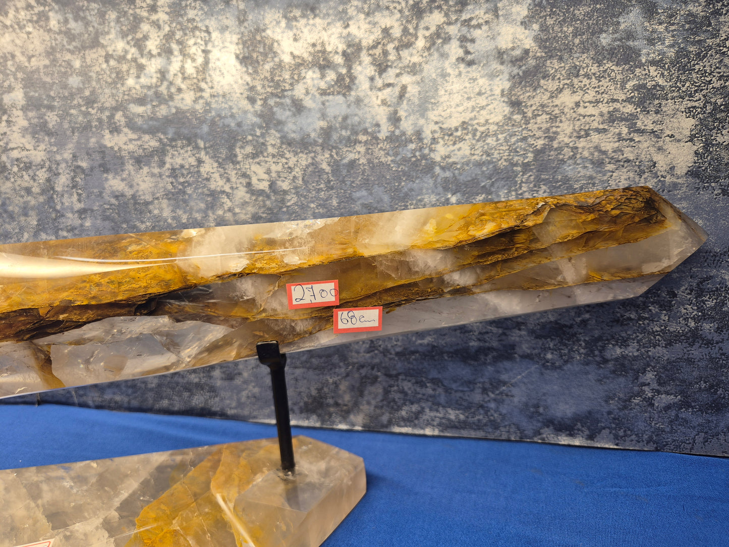 Yellow Hematoid and Clear Quartz with Oxidation Sword on stand