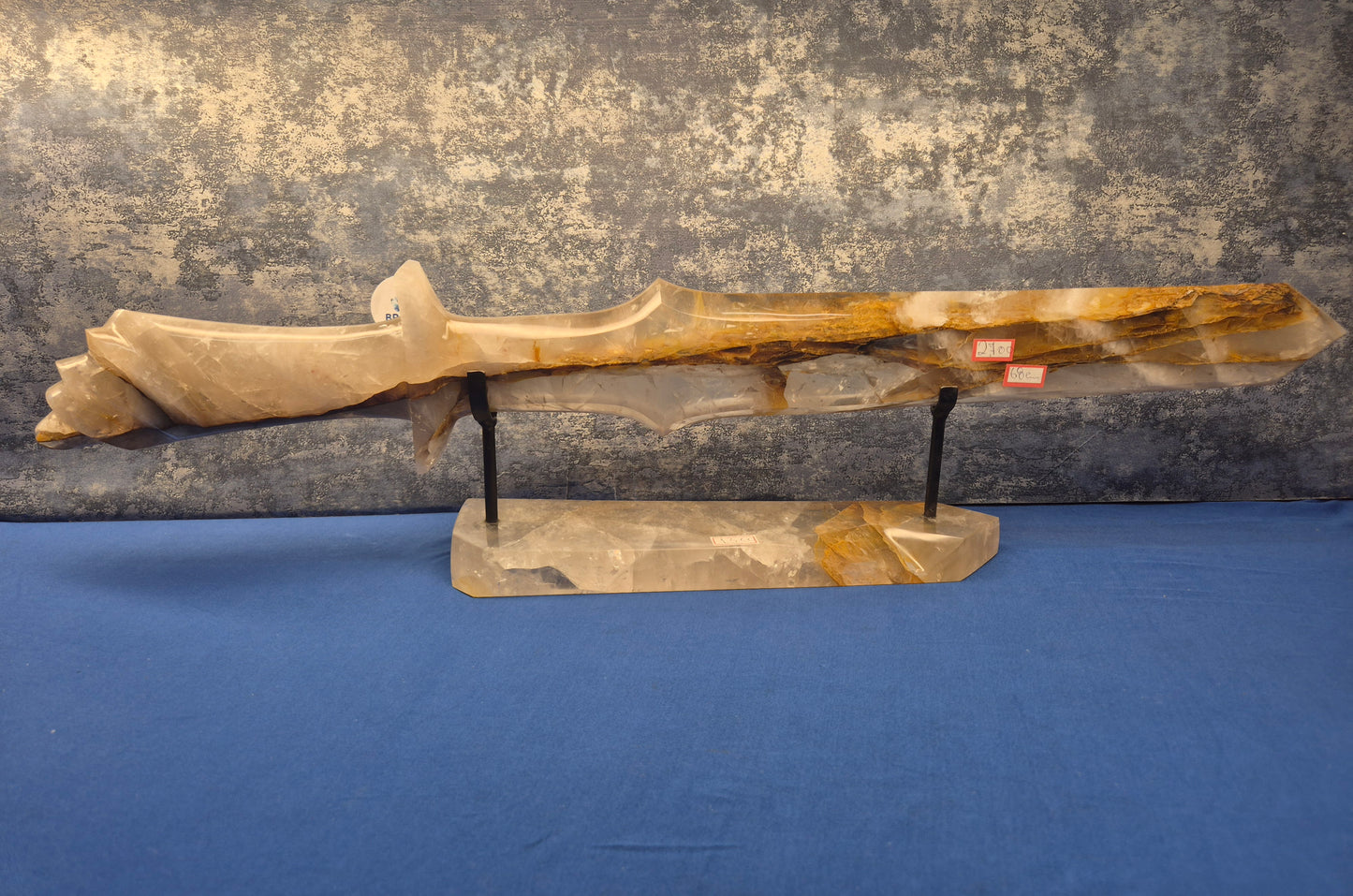 Yellow Hematoid and Clear Quartz with Oxidation Sword on stand